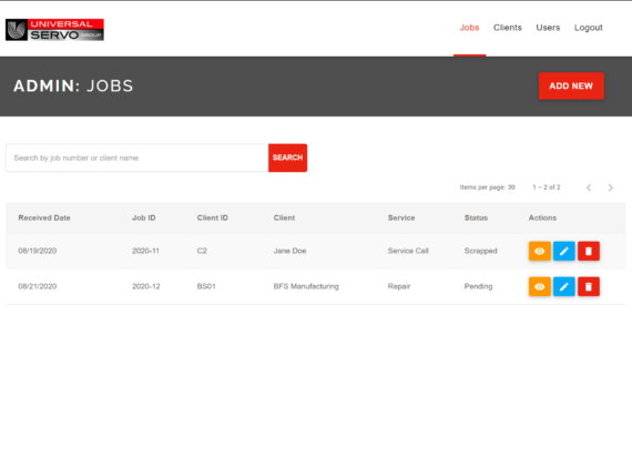 Screenshot of the custom middleware solution for Universal Servo