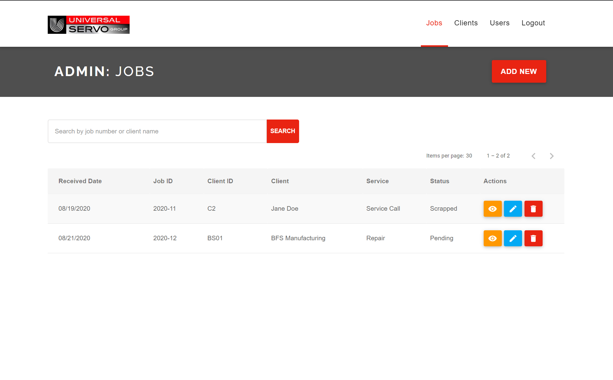 Screenshot of the custom middleware solution for Universal Servo