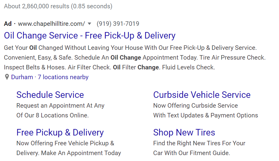 Oil change google PPC ad